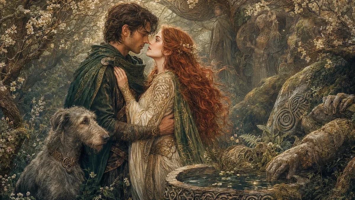 Painting of a man in a green cloak and a red-haired woman embracing in a flowering forest with a wolfhound at their side.