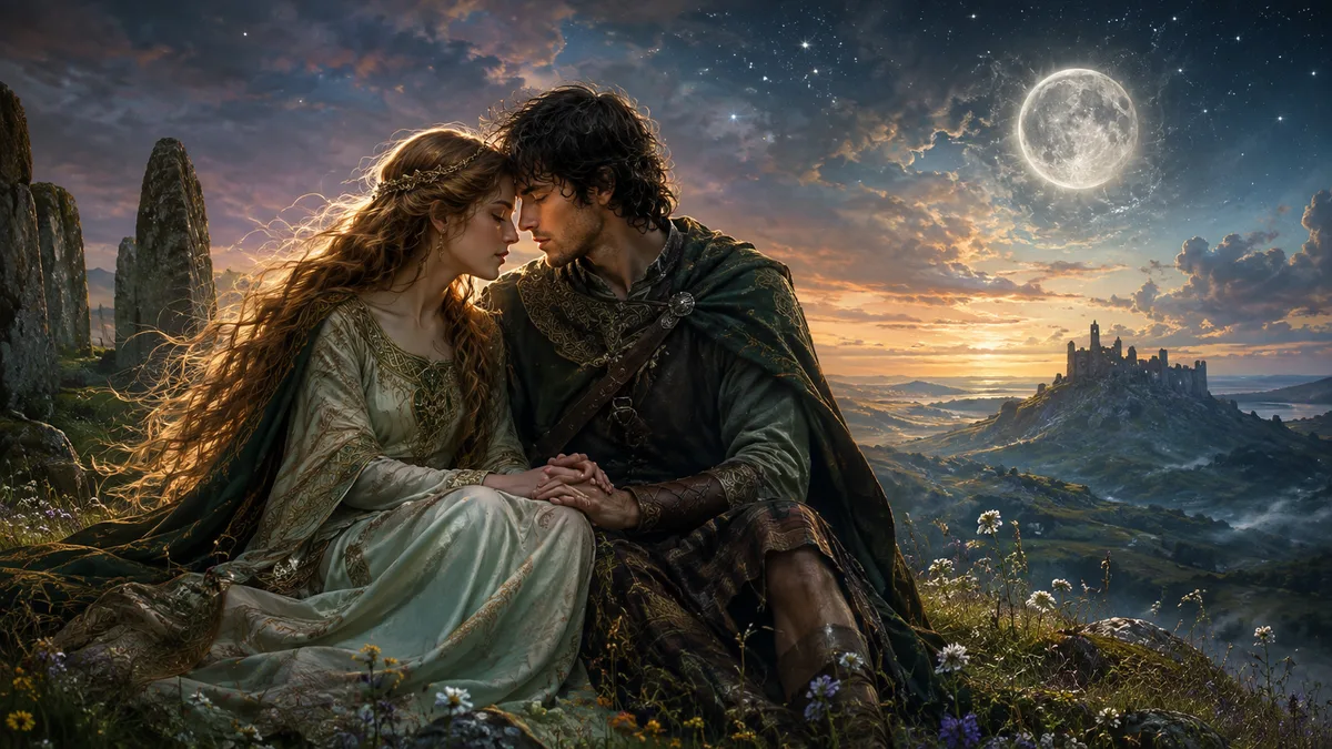 Painting of a couple resting head to head on a hillside under a full moon, ruined towers on the horizon.