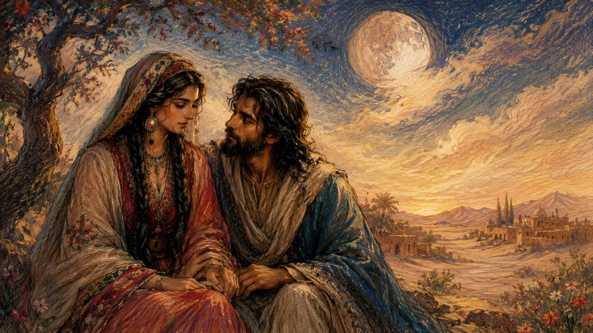 Illustration of a robed woman and a bearded man sitting close together under a flowering tree, gazing at each other, with a large moon and distant desert buildings.