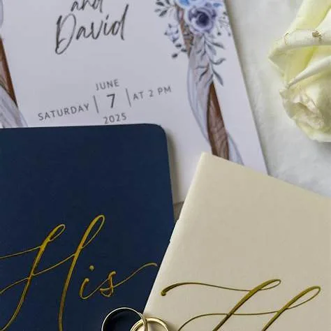A floral wedding invitation with a June 7, 2025 date, navy and cream "His" and "Her" vow books, two gold rings, and a single white rose.