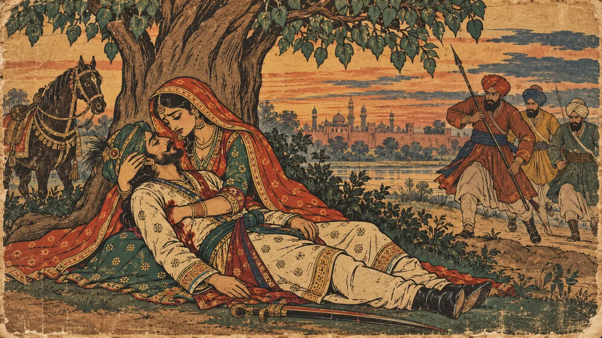 Traditional Punjabi artwork depicting Mirza and Sahiban beneath a tree as Sahiban's brothers pursue the lovers.