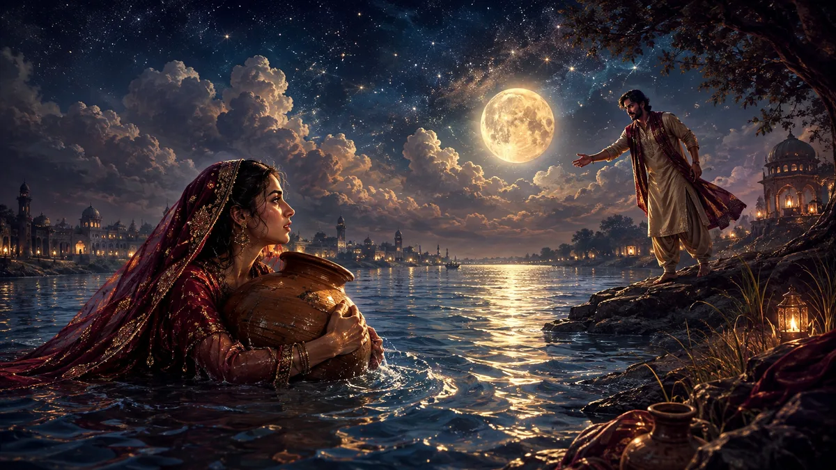 Painting of a woman in a red embroidered dress holding a large clay pot in a moonlit river, with a man in pale robes reaching toward her from the rocky far bank under a full moon.